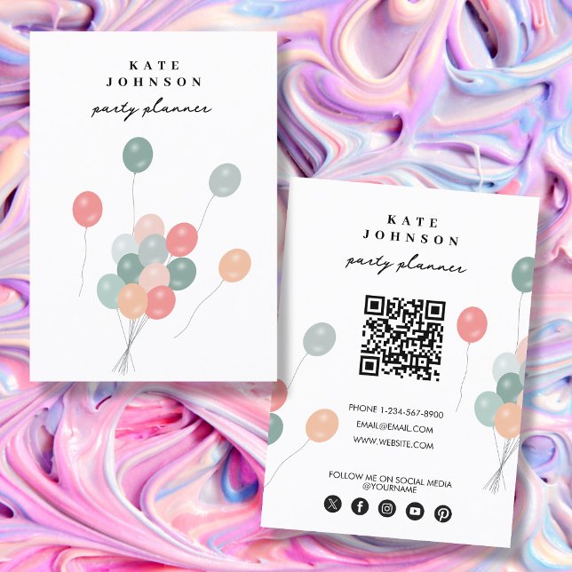 Pastel Balloons Party Planner QR Code Social Media Business Card (Pastel Balloons Party Planner QR Code Social Media Business Card)