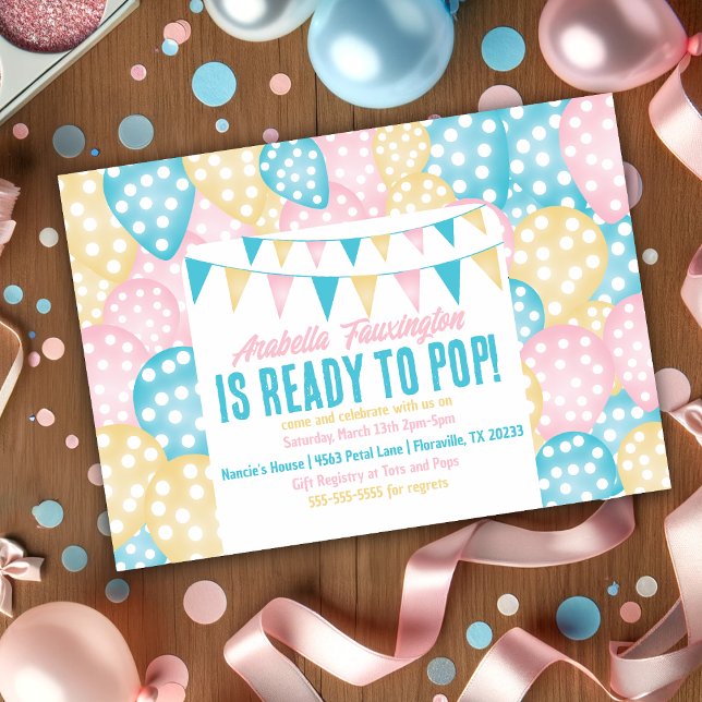 Pastel Balloons Ready to Pop Baby Shower Invitation (Ready to pop baby shower invitation)