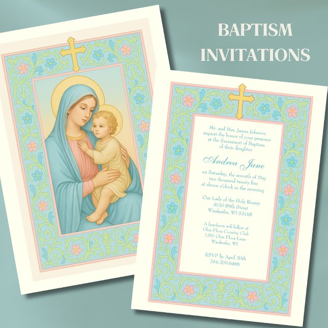 Pastel Baptism Mary and Jesus Floral  Invitation (Creator Uploaded)