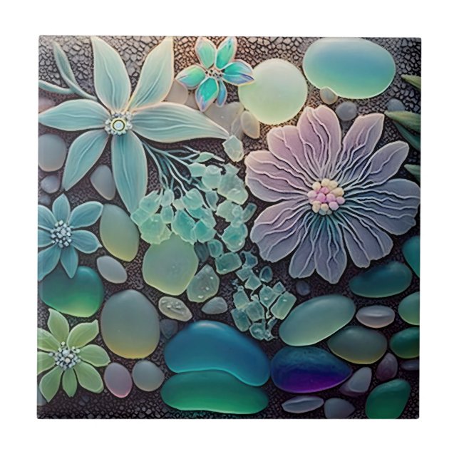 Pastel Beach Glass Flower Mosaic Ceramic Tile (Front)