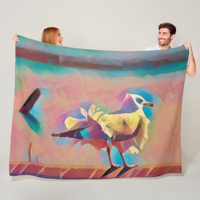 Pastel beach seagull coral turquoise geometric fleece blanket (In Situ)