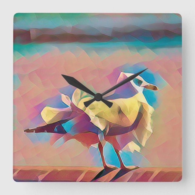 Pastel beach seagull coral turquoise geometric  square wall clock (Front)