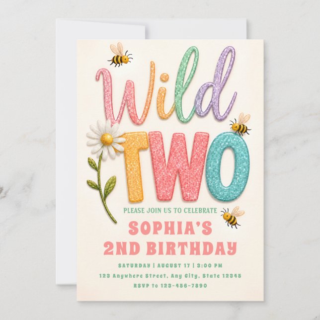Pastel Bee Daisy 2nd Birthday Invite (Front)