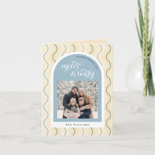 Pastel Beige & Blue Wavy Stripes Photo Christmas Holiday Card