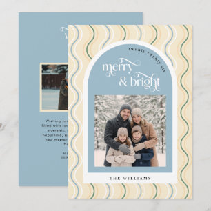 Pastel Beige & Blue Wavy Stripes Photo Christmas Holiday Card