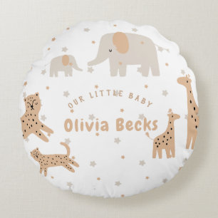 Pastel Beige Cute Illustrative Baby Shower Round Cushion