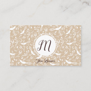 Pastel Beige Floral Birds Trendy Monogram Initials Business Card