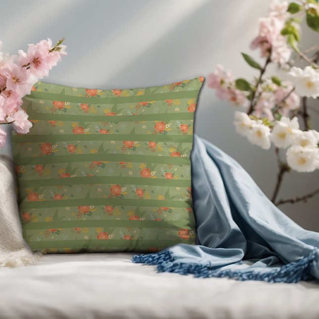Pastel beige green mint floral stripe pattern  cushion (Creator Uploaded)