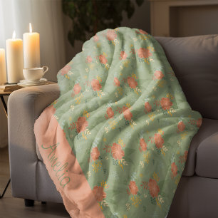 Pastel beige green mint floral stripe pattern name fleece blanket