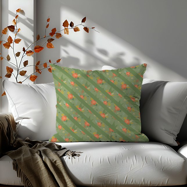 Pastel beige mint floral diagonal stripes pattern  cushion (Creator Uploaded)