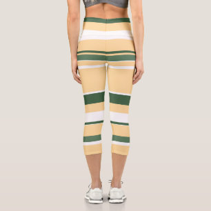 Pastel Beige Olive Green White Lines Stripes Capri Leggings
