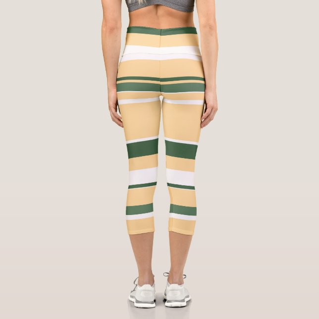 Pastel Beige Olive Green White Lines Stripes Capri Leggings (Back)
