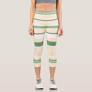 Pastel Beige Olive Green White Lines Stripes Capri Leggings