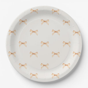 Pastel Beige Paper Plate with Gold Bow Pattern
