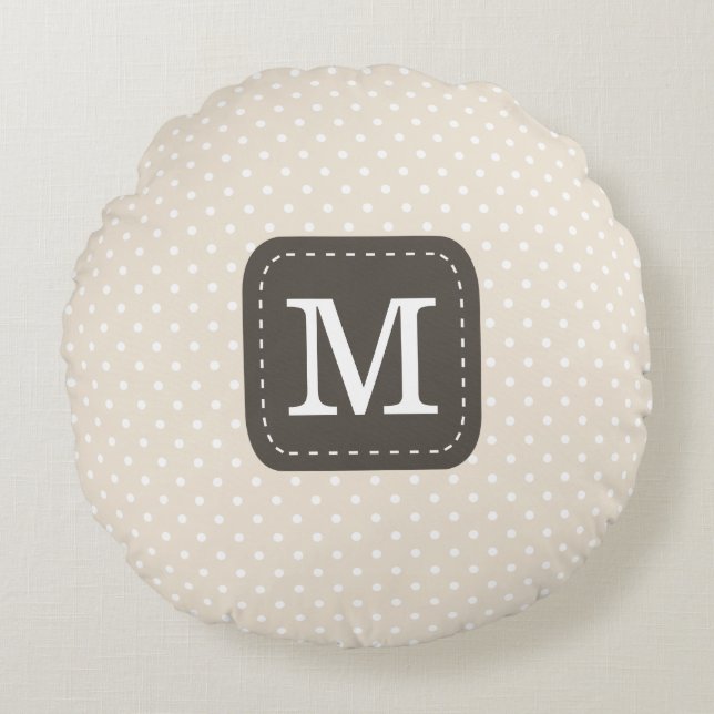 Pastel Beige Pattern Dark Brown Custom Monogram Round Cushion (Front)