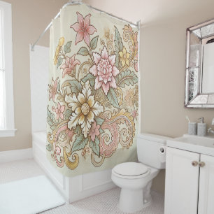Pastel Beige Pink Yellow Boho Indonesian Batik  Shower Curtain