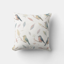 Pastel Birds & Leaves Nature-Inspired Throw Pillow