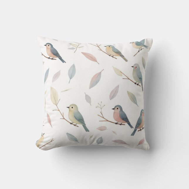 Pastel Birds & Leaves Nature-Inspired Throw Pillow (Front)