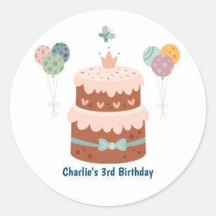 Pastel birthday cake with balloons classic round sticker