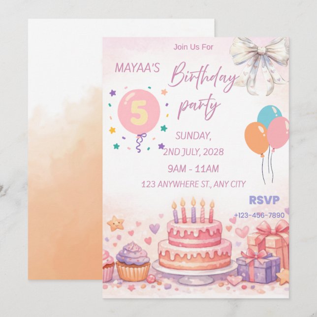 Pastel Birthday Invitation – Cute Cake & Balloon D (Front/Back)