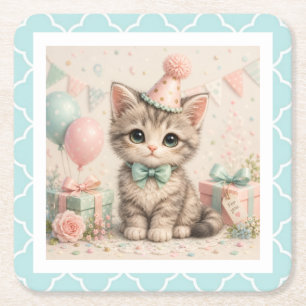 Pastel Birthday Kitten Illustration Square Paper Coaster
