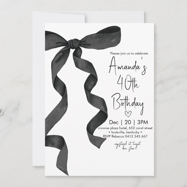 Pastel Black Bow Elegant Birthday Invitation (Front)