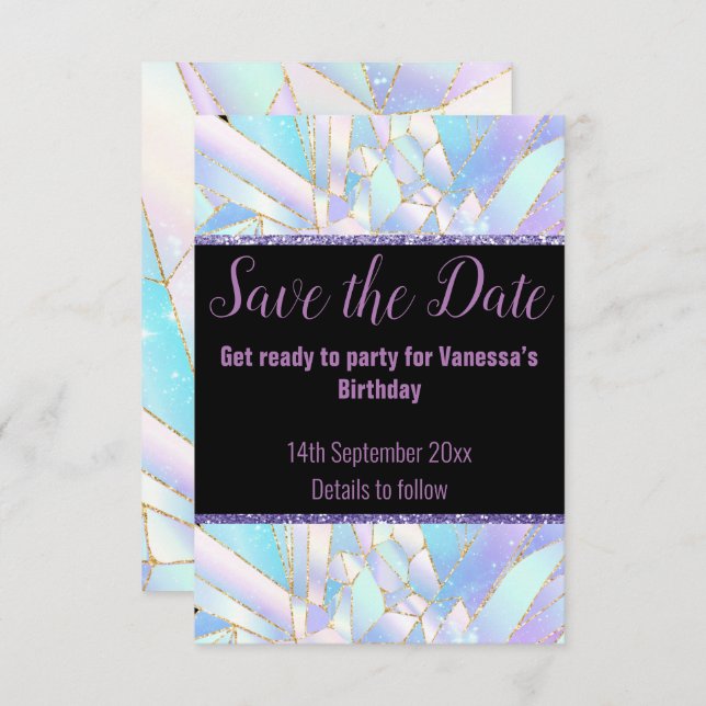  PASTEL BLACK CRYSTAL SAVE THE DATE RSVP CARD (Front/Back)