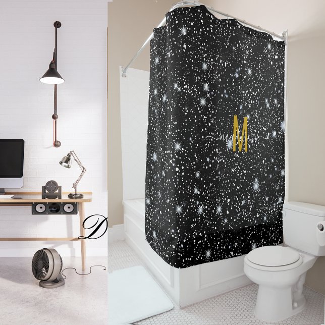 Pastel Black Glitter Gold Monogram Modern Script Shower Curtain (Creator Uploaded)