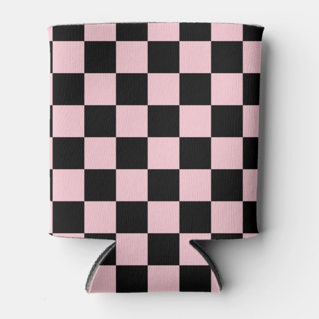 Pastel Black Pink Checks Chequerboard Pattern  Can Cooler (Front)