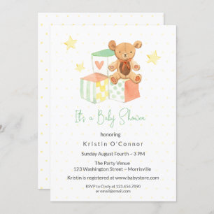 Pastel Blocks, Bear Gender Neutral Baby Shower Invitation