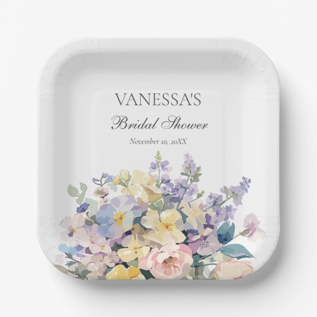 PASTEL BLOOMING WILDFLOWERS BRIDAL MONOGRAM PAPER PLATE (Front)