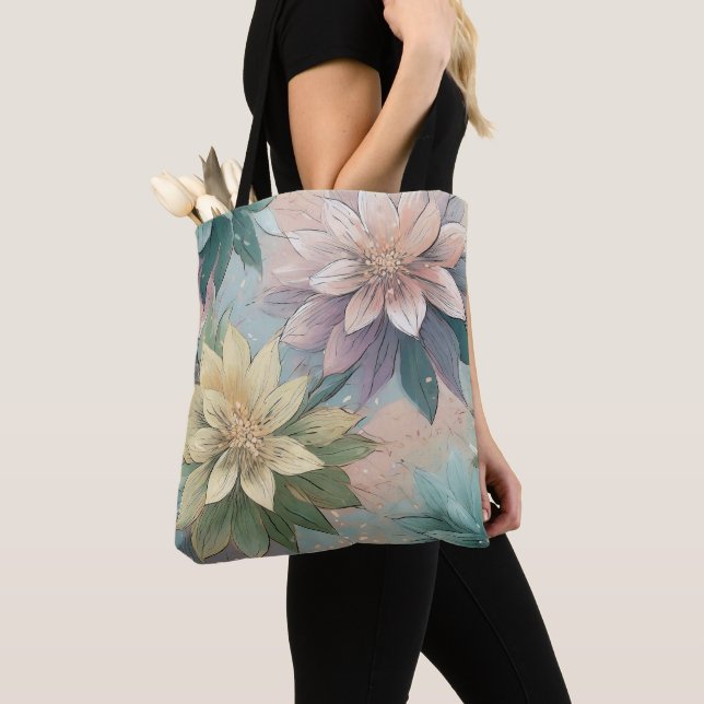 Pastel Blossom Burst: Floral Explosion Pattern Tote Bag (Close Up)