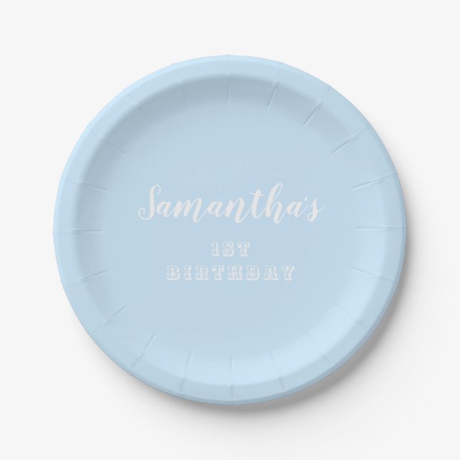 Pastel blue1st Birthday Script Paper Plate (Front)