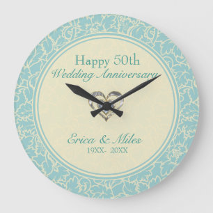 Pastel Blue And Creme Floral Damasks Large Clock