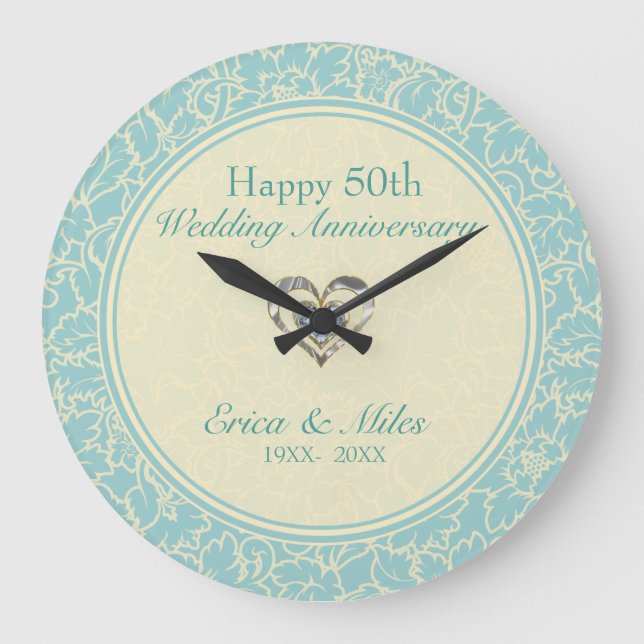 Pastel Blue And Creme Floral Damasks Large Clock (Front)