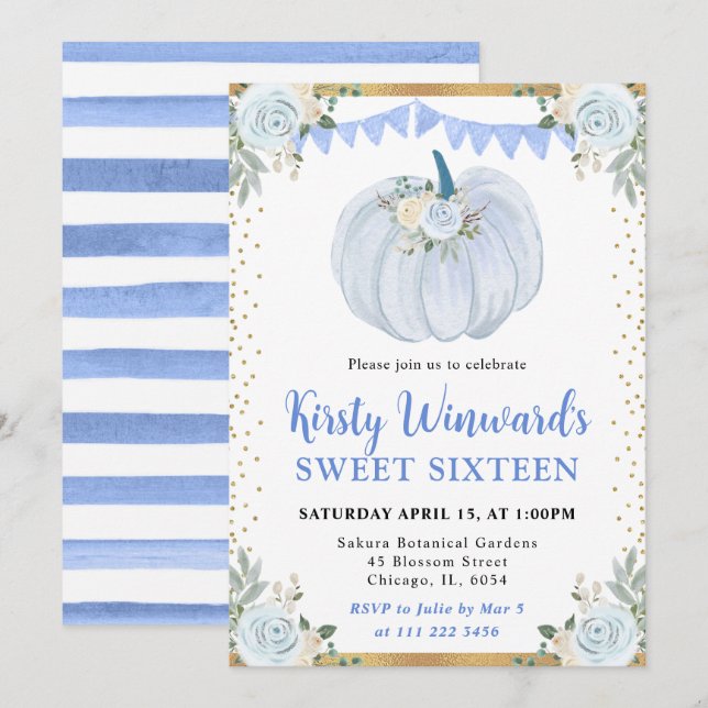 Pastel Blue and Gold Floral Pumpkin Fall Sweet 16 Invitation (Front/Back)