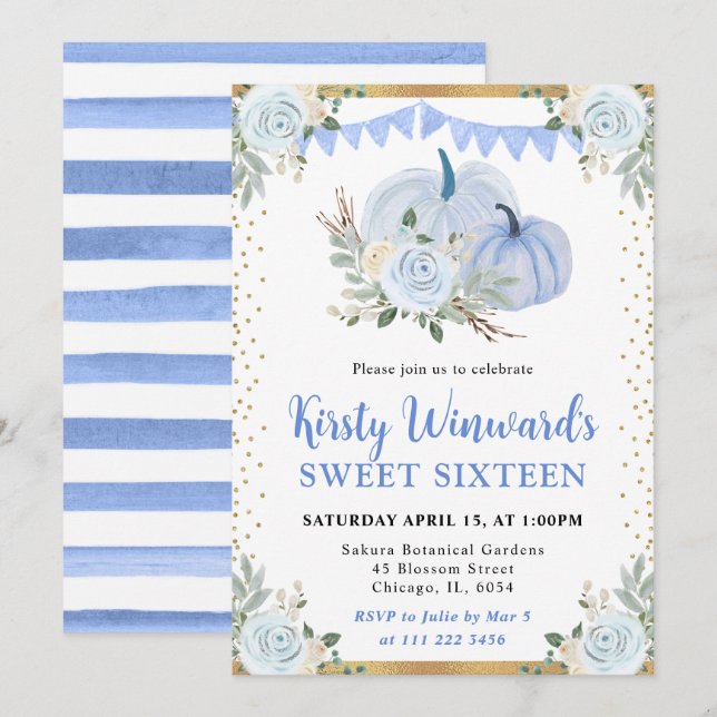 Pastel Blue and Gold Floral Pumpkins Fall Sweet 16 Invitation (Front/Back)