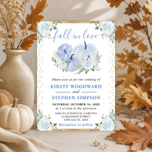 Pastel Blue and Gold Floral Pumpkins Fall Wedding Invitation