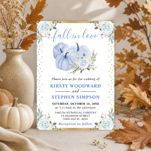 Pastel Blue and Gold Floral Pumpkins Fall Wedding Invitation