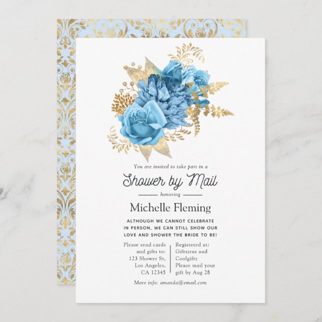 Pastel Blue and Gold Floral Shower by Mail Invitation (Front/Back)