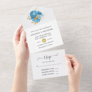 Pastel Blue and Gold Floral Wedding All In One Inv All In One Invitation