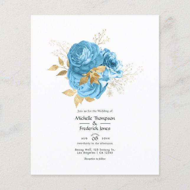 Pastel Blue and Gold Floral Wedding Invitation Flyer (Front)