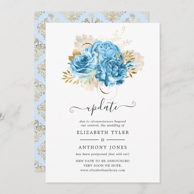 Pastel Blue and Gold Floral Wedding Update Invitation (Front/Back)