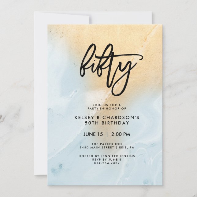 Pastel Blue and Gold Marble | 50th Birthday Party Invitation (Front)