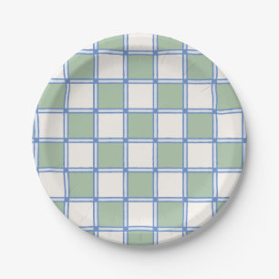 Pastel Blue and Green Painted Checkers Paper Plate
