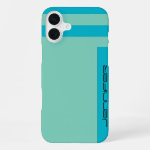Pastel Blue and Green Two Way Stripe, Name, Simple iPhone 16 Plus Case
