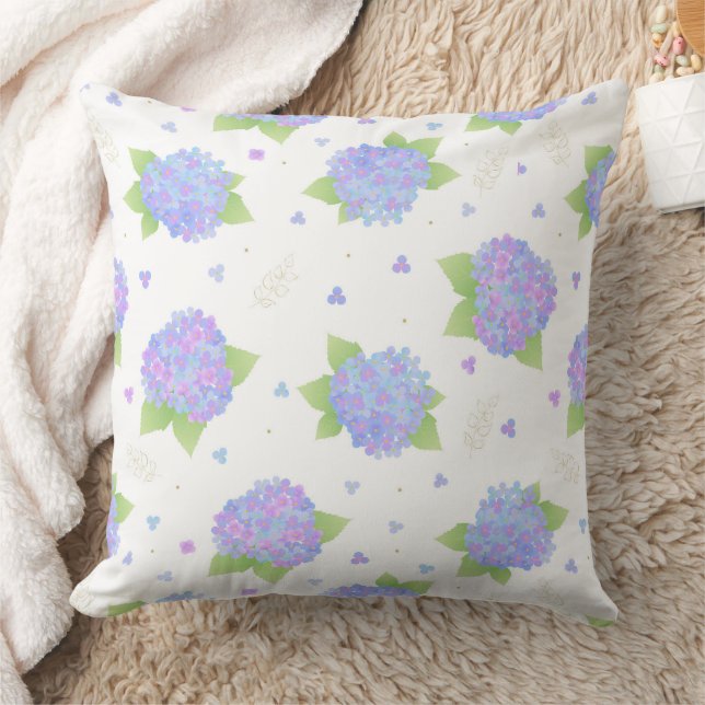 Pastel Blue and Lilac Hydrangea Floral Pattern Cushion (Blanket)