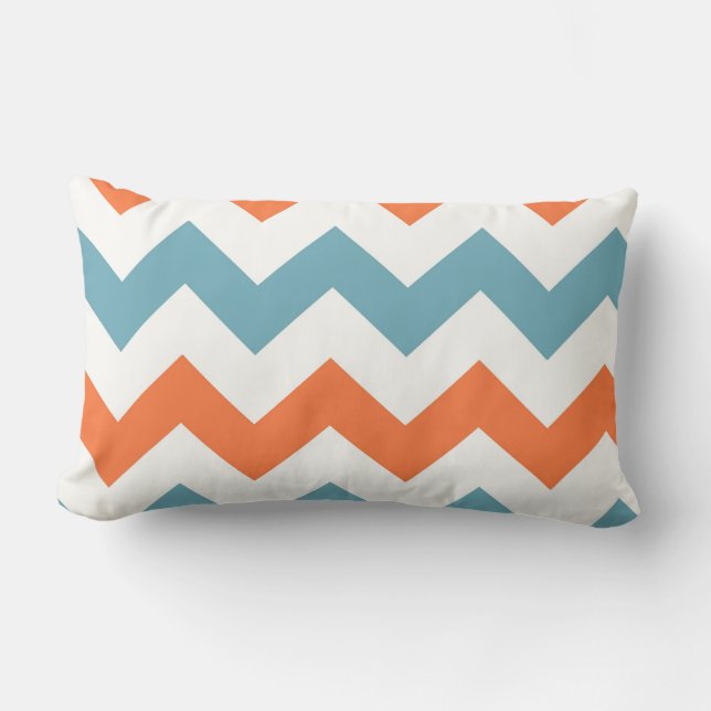 Pastel Blue and Orange Chevron Stripes Lumbar Cushion (Front)