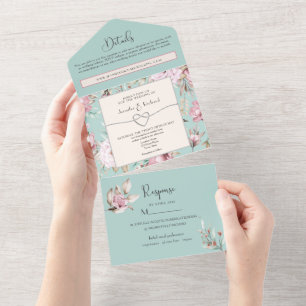 Pastel Blue and Pink Floral Wedding All In One Invitation