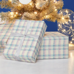 Pastel Blue and Pink Linen Gingham Wrapping Paper
